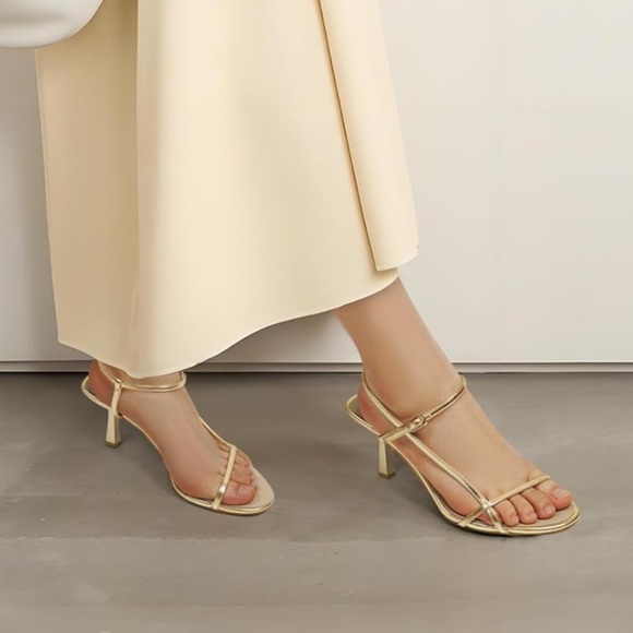 Women's Heeled Sandals Round Open Toe Gold Strappy Slingback High Heels - Picture 4 of 12